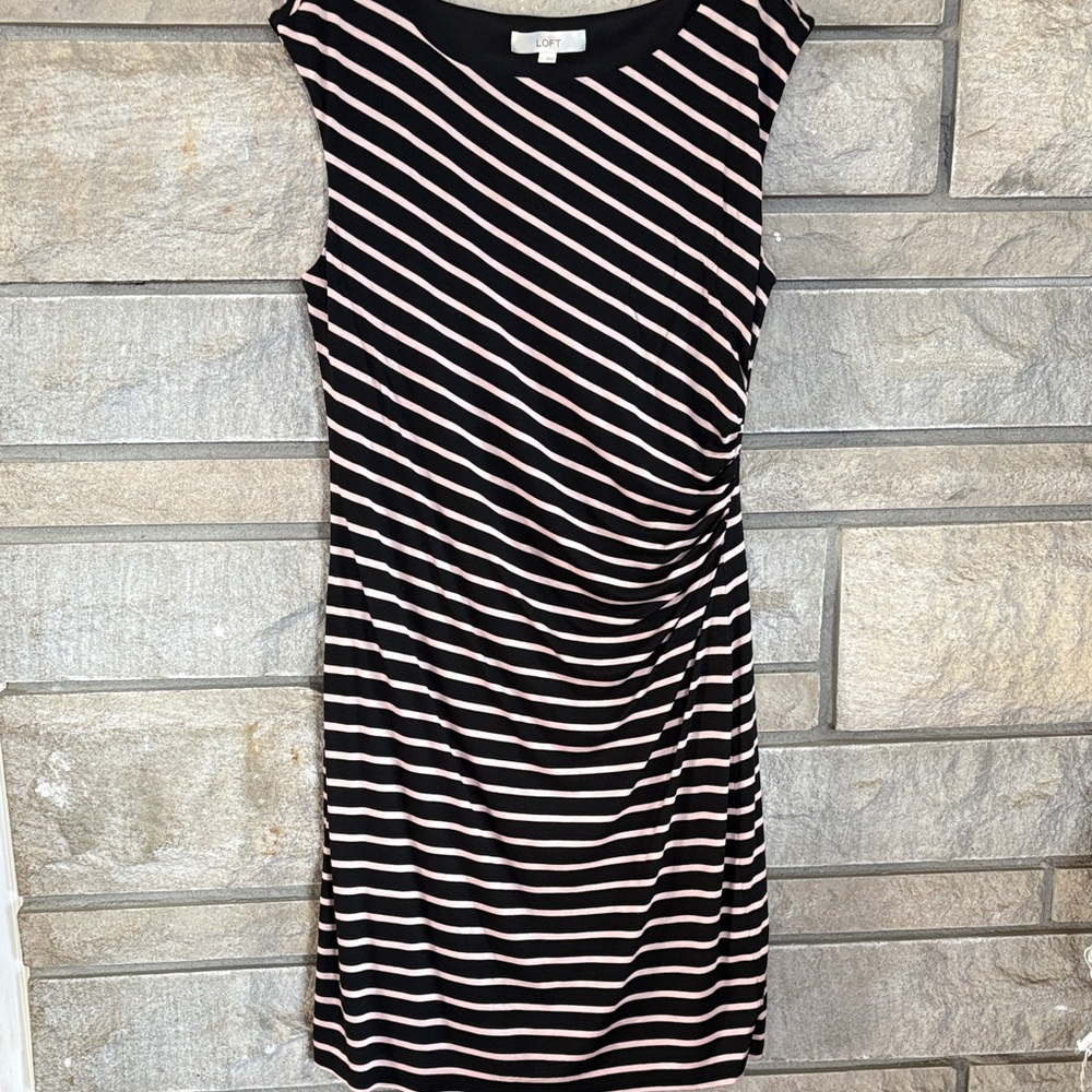 LOFT Black and Blush Striped Sleeveless Ruched Midi Dress